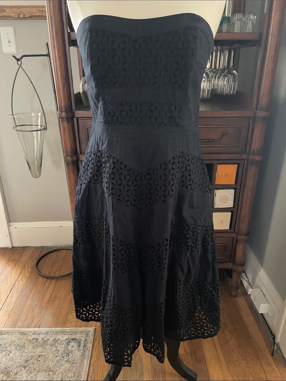 White House Black Market Strapless Black Eyelet Midi Dress